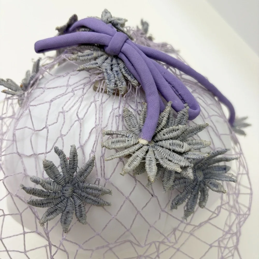 Vintage Birdcage Veil Floral Embroidered Fascinator One Size Purple
